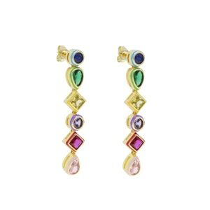 Colorful Geometric Rainbow CZ Drop Earrings – Gold Tone Statement Dangles